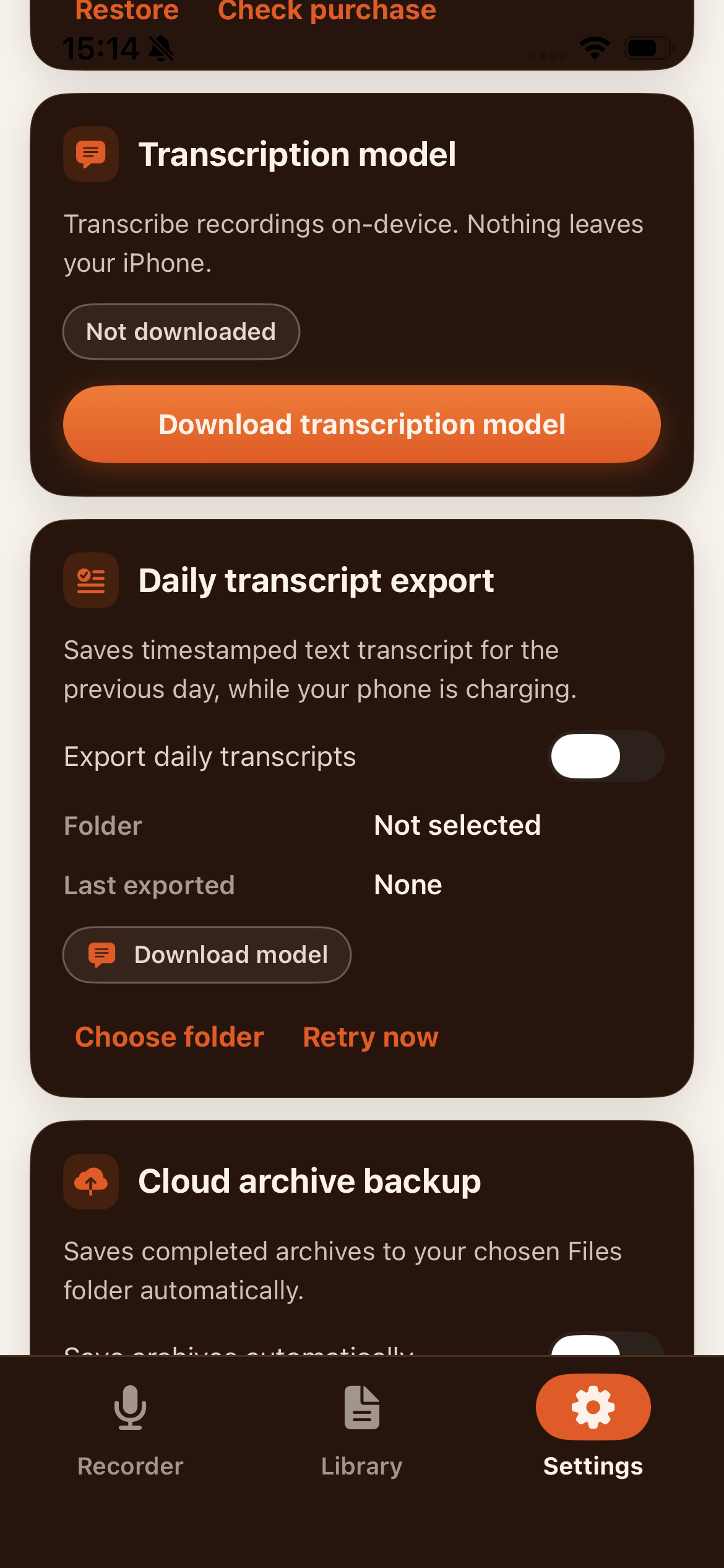 The BlackBox Transcription model and Daily transcript export settings screen, showing on-device transcription and automatic timestamped transcript export while charging.